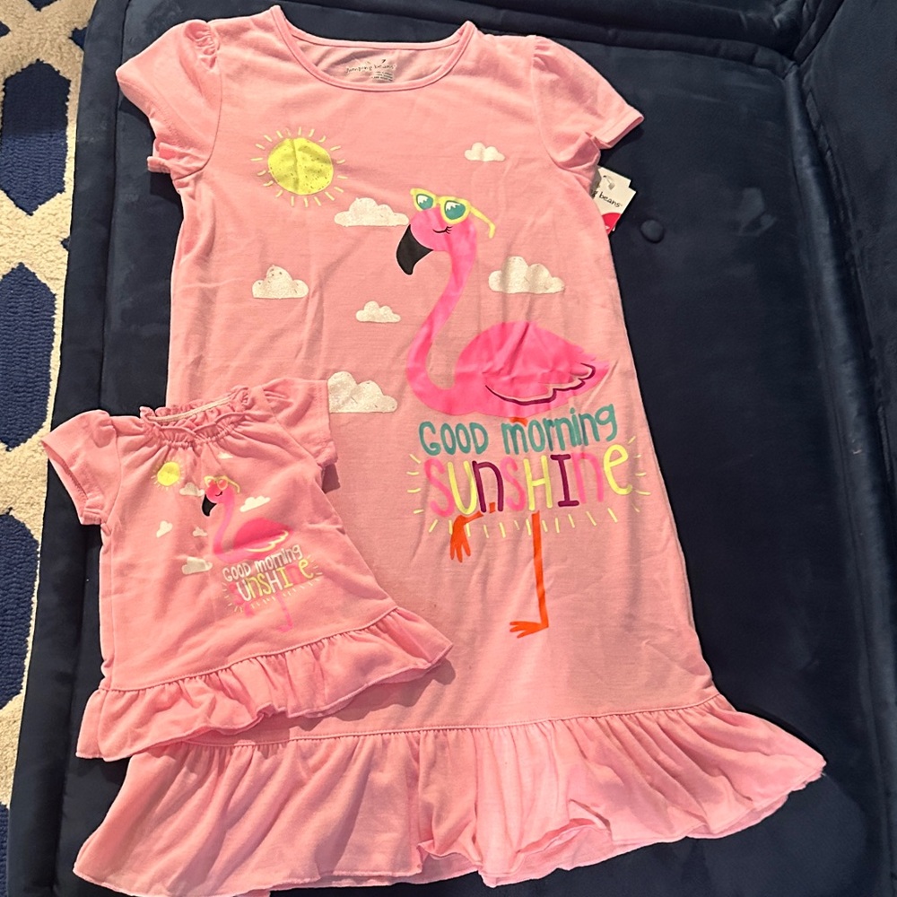 NWT-Jumping Beans Pink Flamingo Nightgown Set matching American Girl nightgown